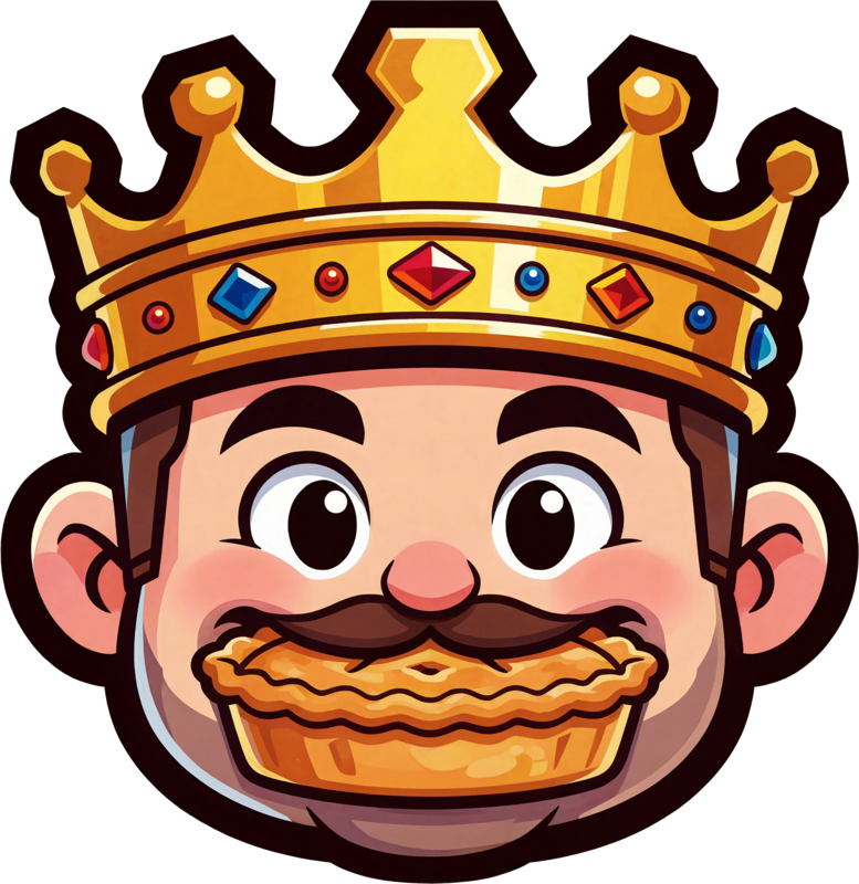 The Beanpie King, a cartoon king in a jeweled gold crown with a whole pie stuffed in his mouth
